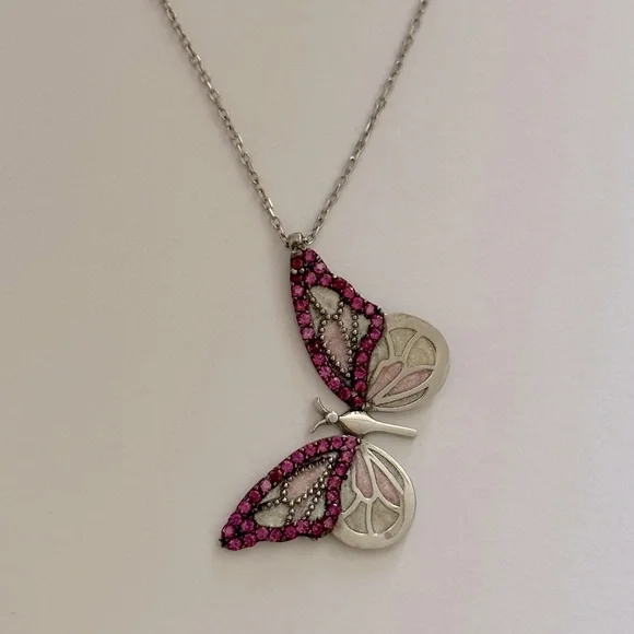 925 Silver butterfly necklace handmade enamel cz stones - Picture 8 of 8